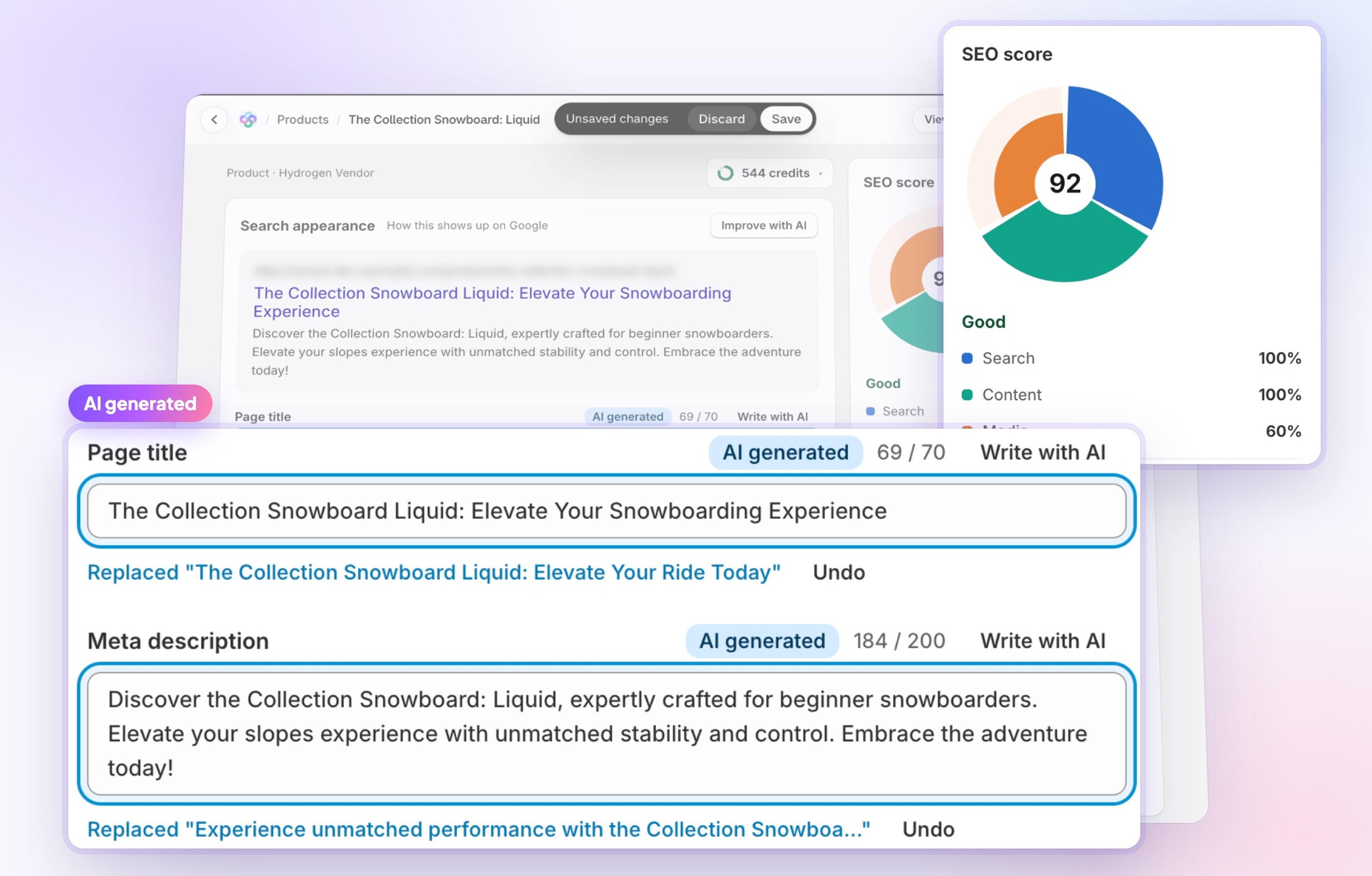 Seokai product SEO editor with a page title and meta description marked “AI generated”, next to the product’s SEO score.