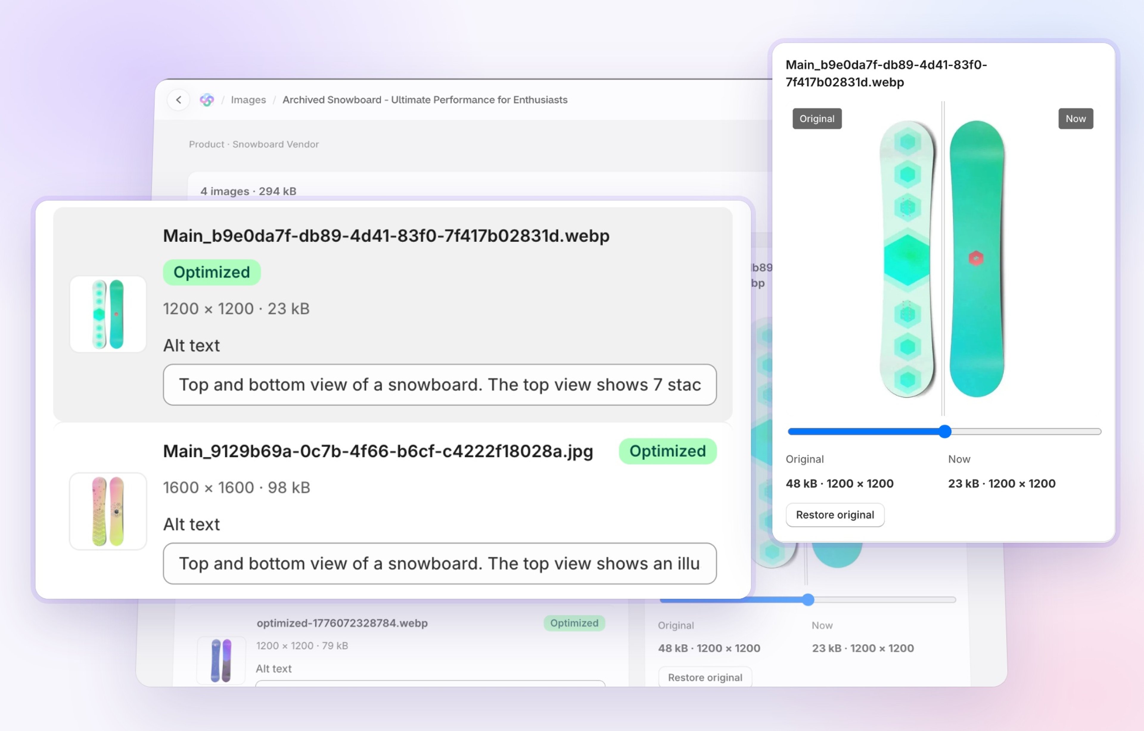Seokai image detail page listing each product image with its alt text, next to a before-and-after comparison of the optimized file.