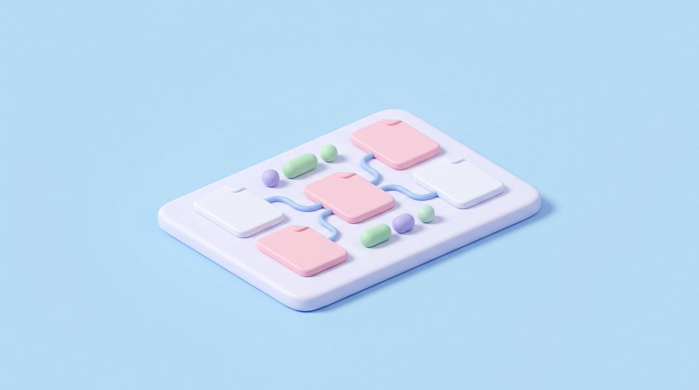 Minimal 3D illustration of pastel page cards linked on a platform showing Shopify internal linking.