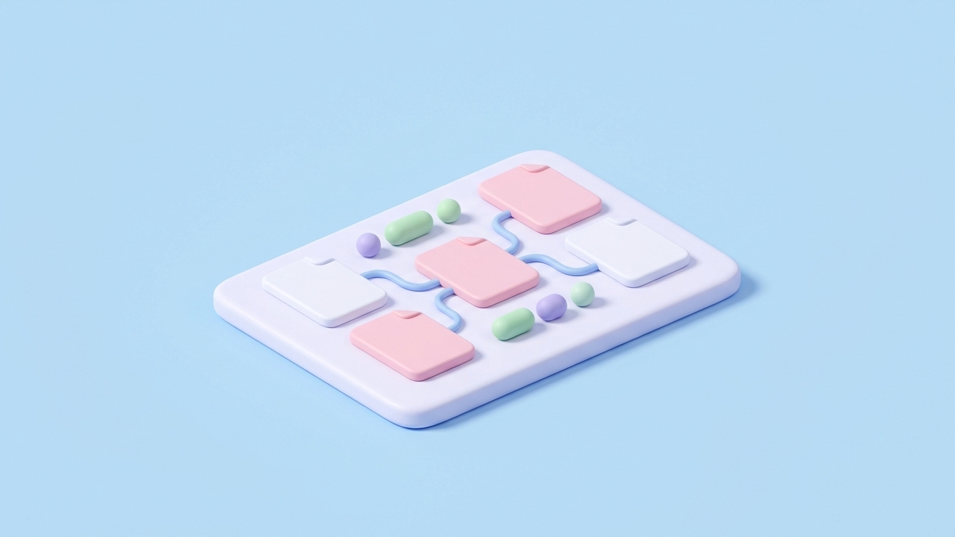 Blurred blog main image. Minimal 3D illustration of pastel page cards linked on a platform showing Shopify internal linking.