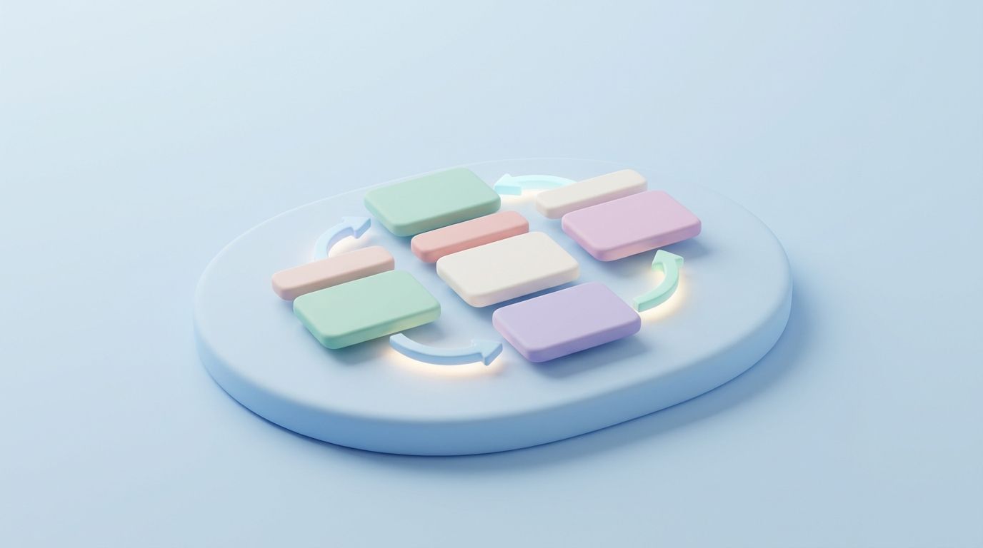 Minimal 3D illustration of soft card nodes connected on a platform showing internal linking suggestions.