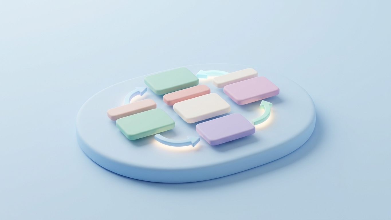 Blurred article main image. Minimal 3D illustration of soft card nodes connected on a platform showing internal linking suggestions.