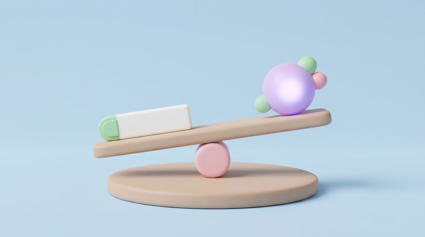 Minimal 3D illustration of a clay seesaw weighing AI search against Google for Shopify SEO.