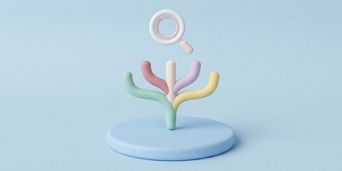 Minimal 3D illustration of a branching clay signpost showing search intent: informational vs transactional.