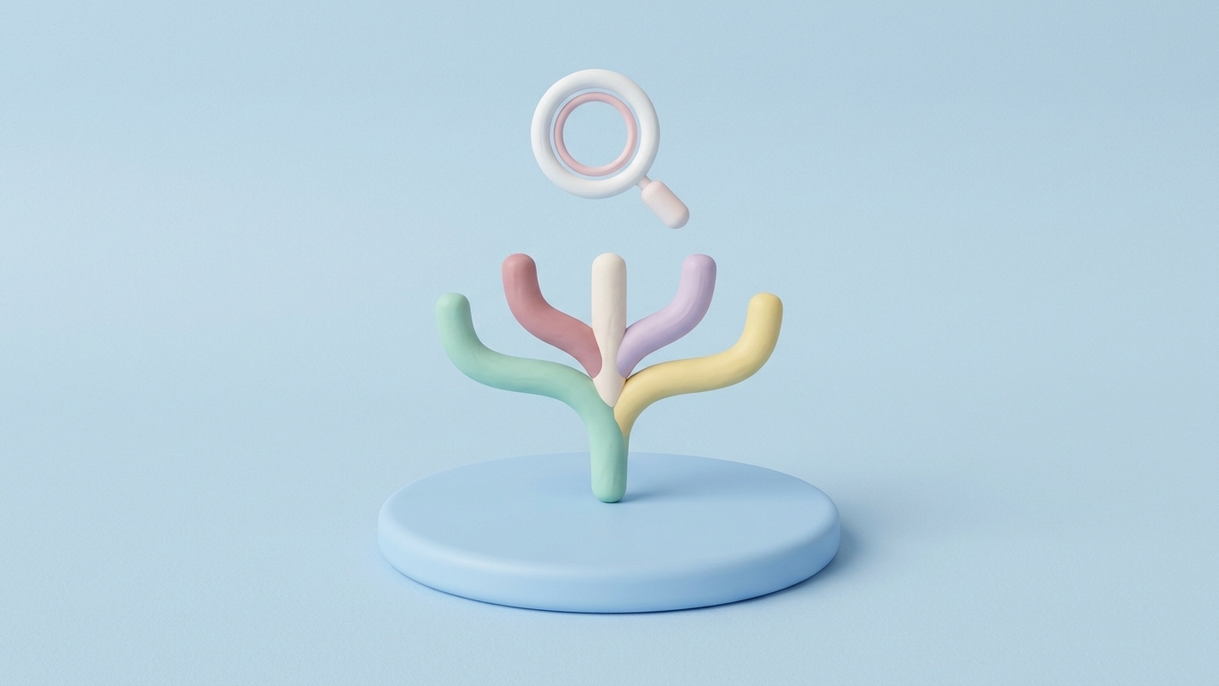 Blurred article main image. Minimal 3D illustration of a branching clay signpost showing search intent: informational vs transactional.