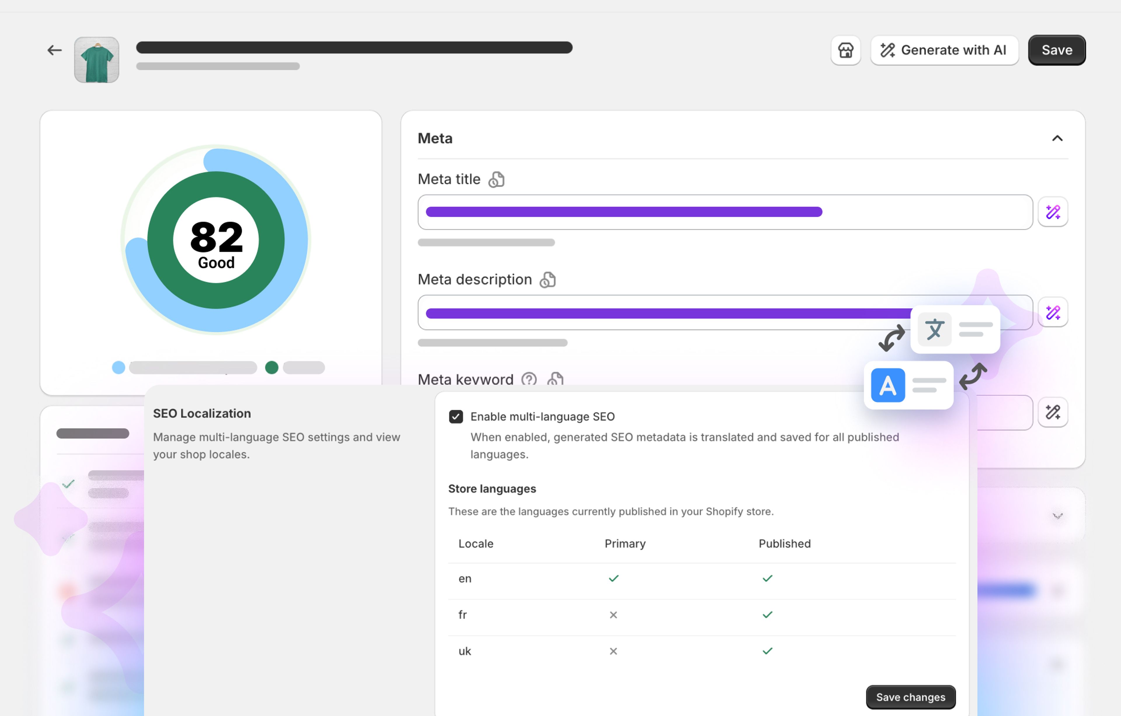 Screenshot of a dashboard interface showing a circular score indicator (72 Average), form fields for meta title/description/keywords, and other UI elements.