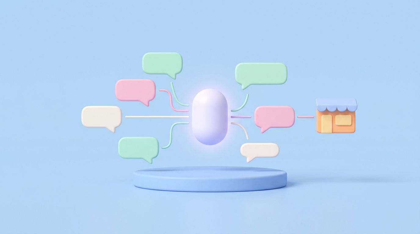 Minimal 3D illustration of a glowing node on a pastel platform, representing a Shopify store cited by AI search engines.