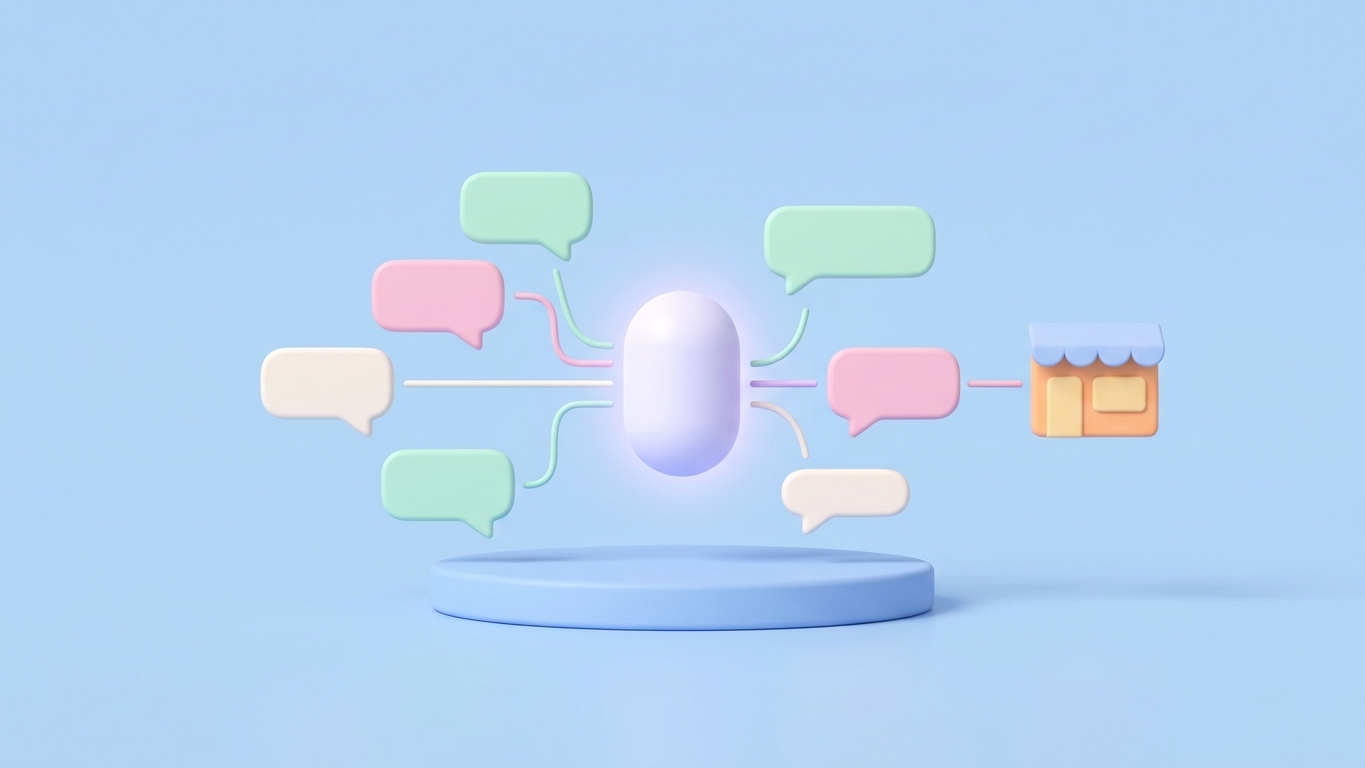 Minimal 3D illustration of a glowing node on a pastel platform, representing a Shopify store cited by AI search engines.