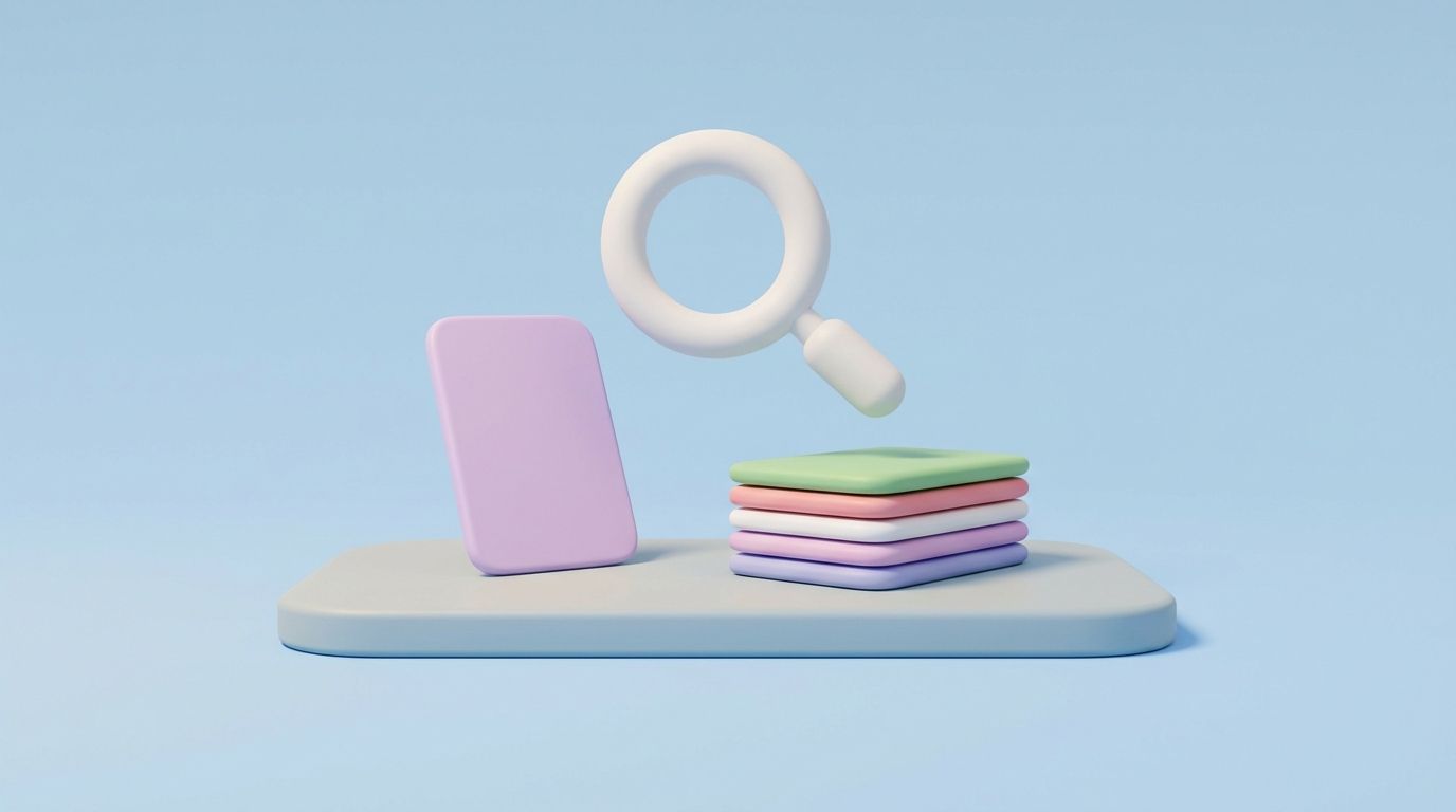 Minimal 3D illustration of a thin pastel card on a platform, symbolizing finding and fixing thin content on Shopify.