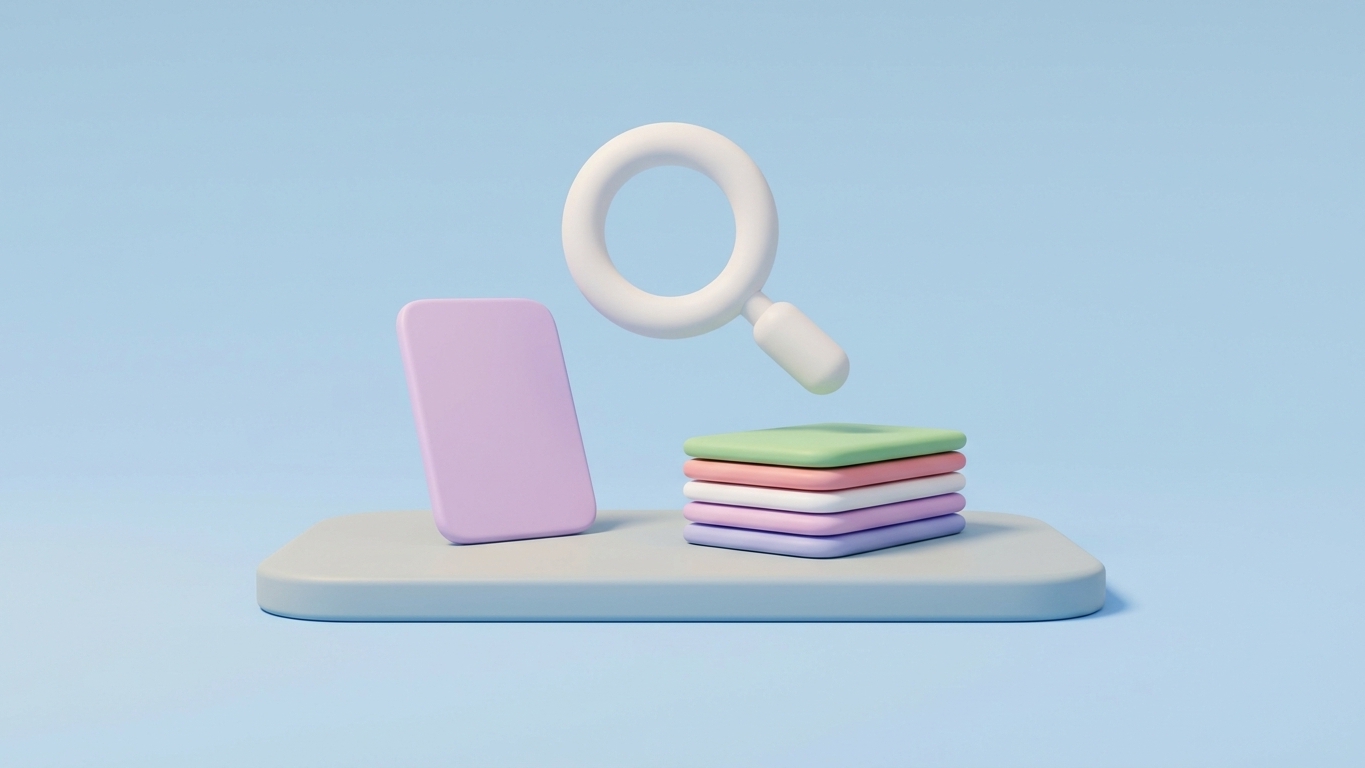 Minimal 3D illustration of a thin pastel card on a platform, symbolizing finding and fixing thin content on Shopify.