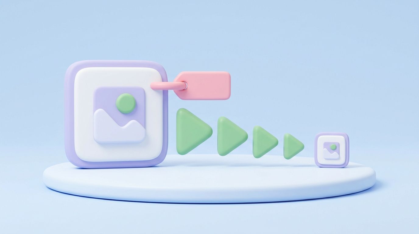 Minimal 3D illustration of a pastel image card on a platform, depicting image SEO with alt text and compression.