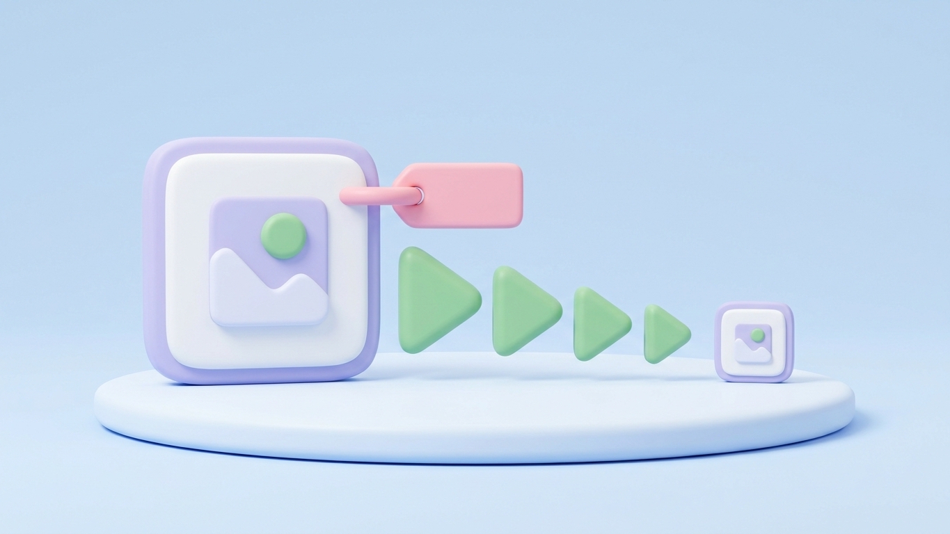 Blurred blog main image. Minimal 3D illustration of a pastel image card on a platform, depicting image SEO with alt text and compression.