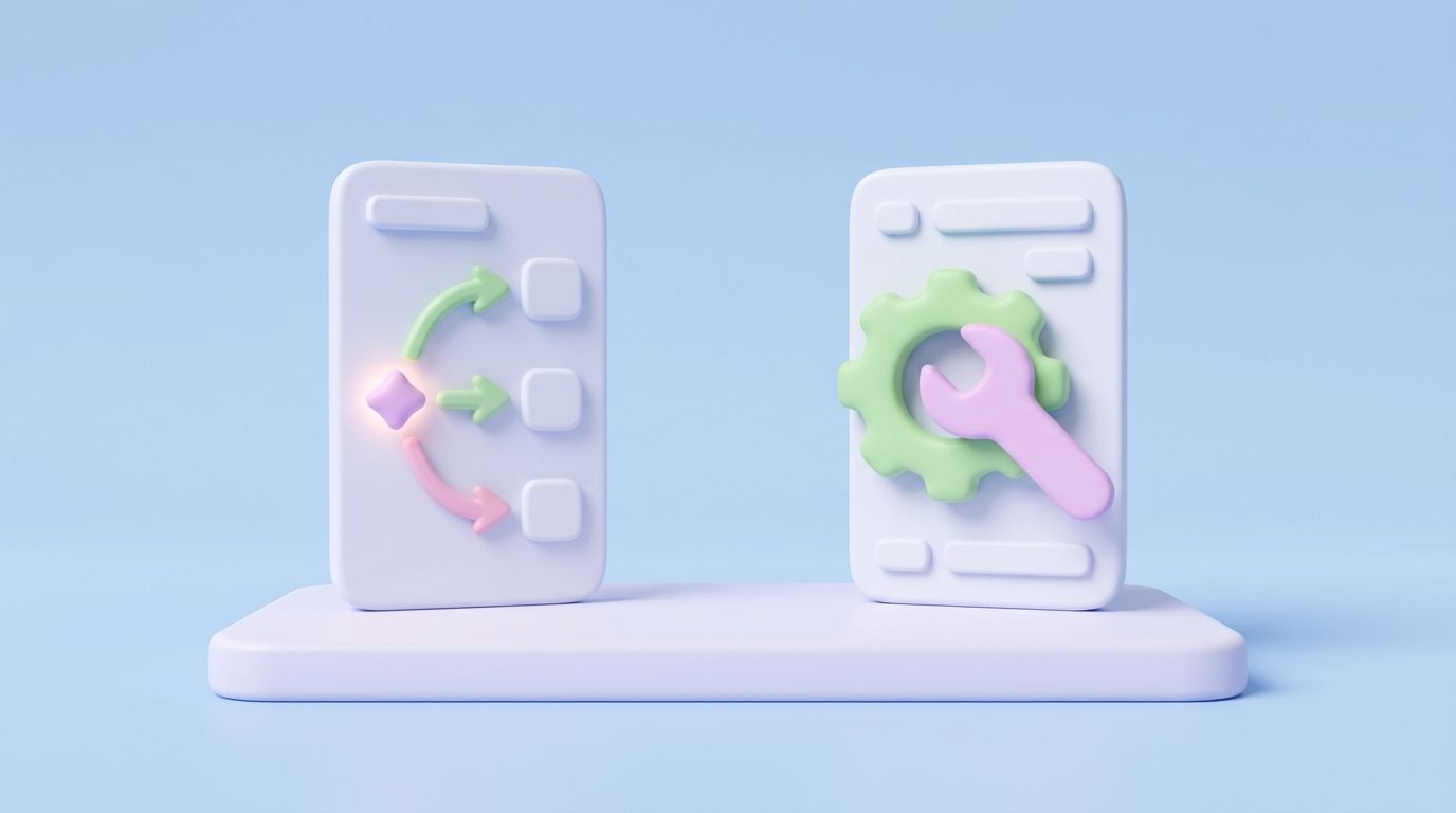 Minimal 3D illustration of two contrasting app panels side by side, comparing Seokai versus Booster SEO features.