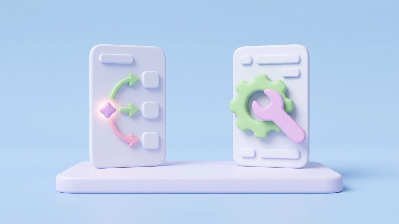 Minimal 3D illustration of two contrasting app panels side by side, comparing Seokai versus Booster SEO features.