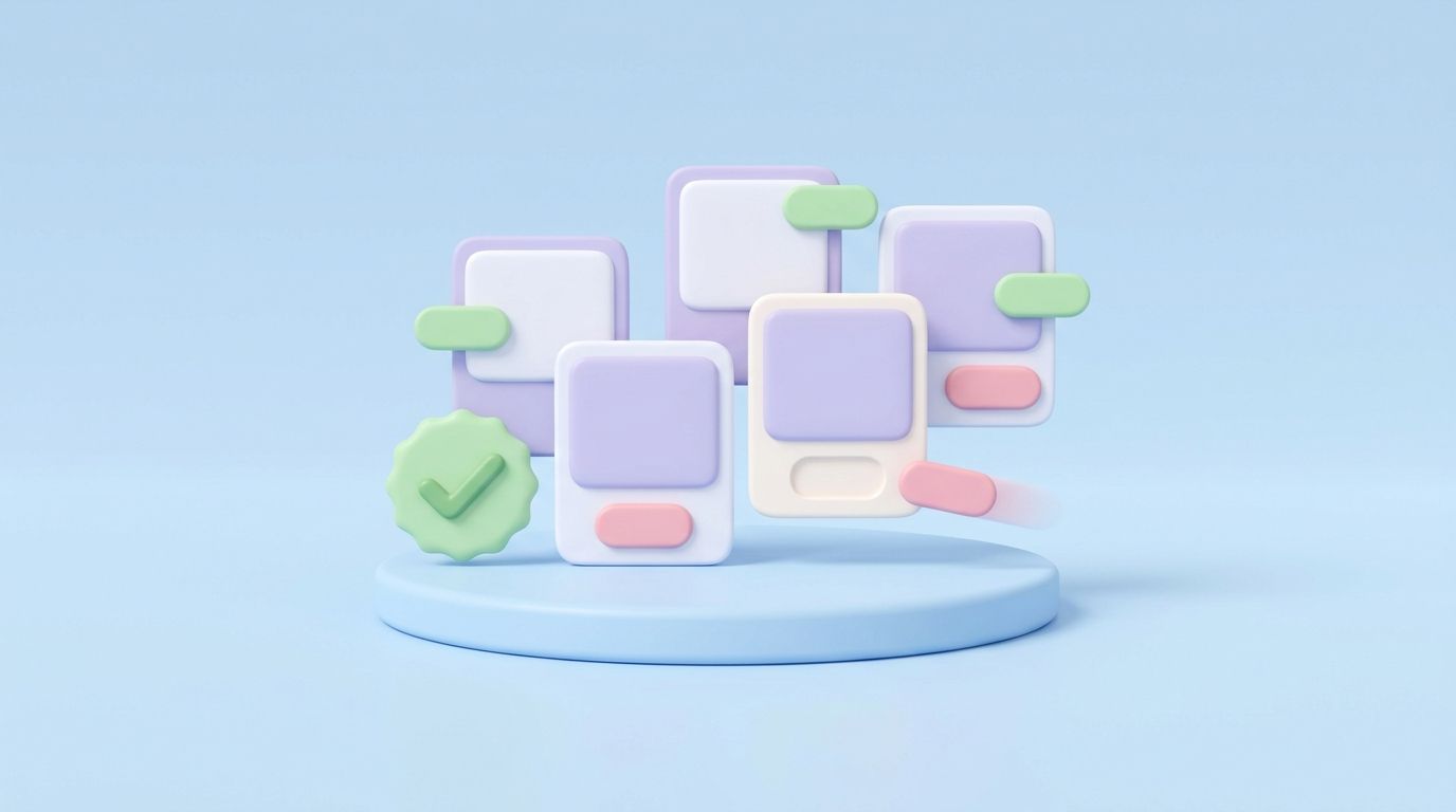 Minimal 3D illustration of pastel image cards on a platform, representing fixing missing alt text warnings storewide.
