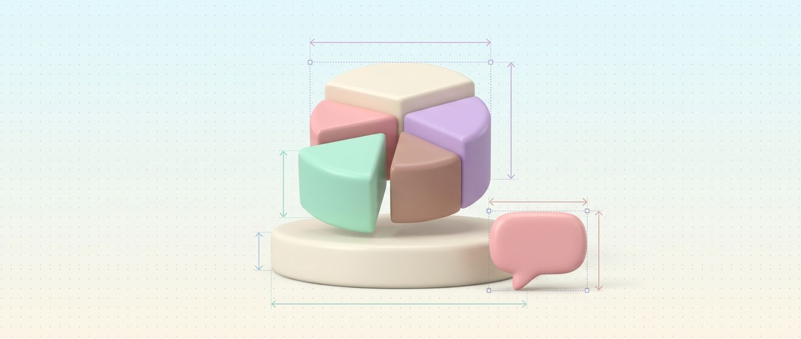 Pastel 3D pie chart with one slice pulled out, beside a small speech bubble