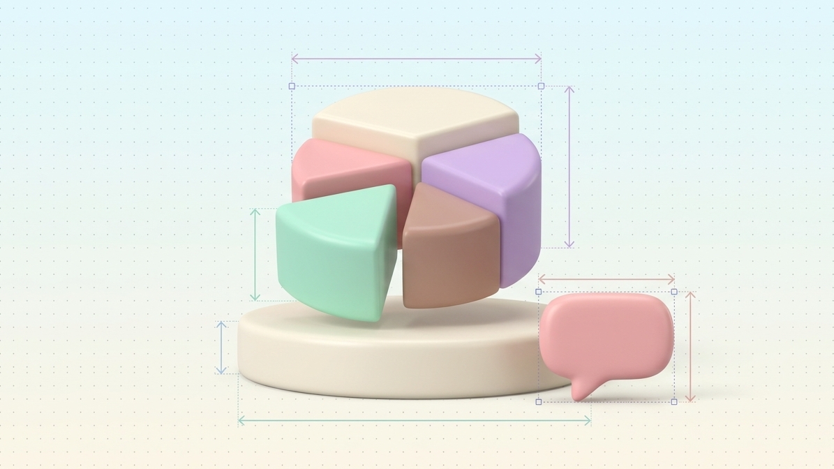 Pastel 3D pie chart with one slice pulled out, beside a small speech bubble