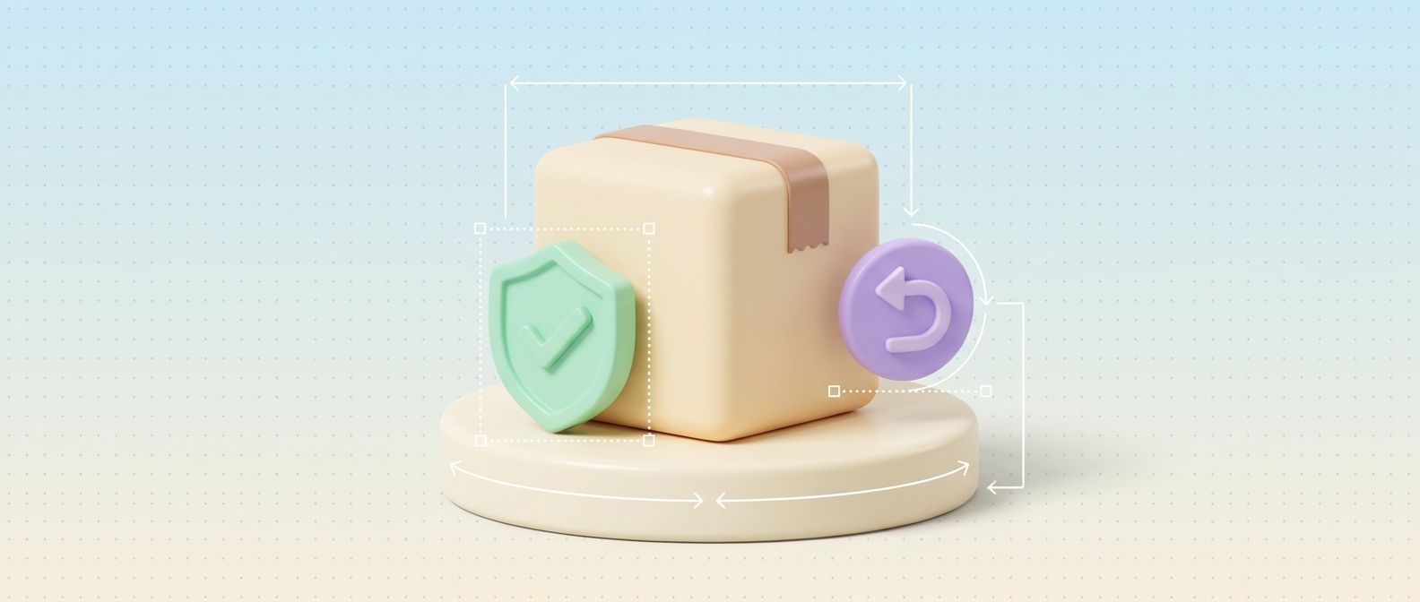 Pastel shipping box with a shield checkmark and a circular return arrow