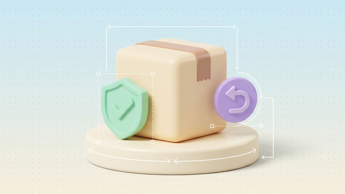 Blurred blog main image. Pastel shipping box with a shield checkmark and a circular return arrow