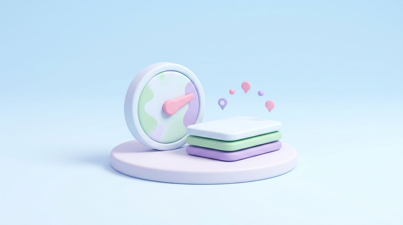 Minimal 3D illustration of a pastel platform scene depicting an SEO health audit of thin descriptions and missing meta.