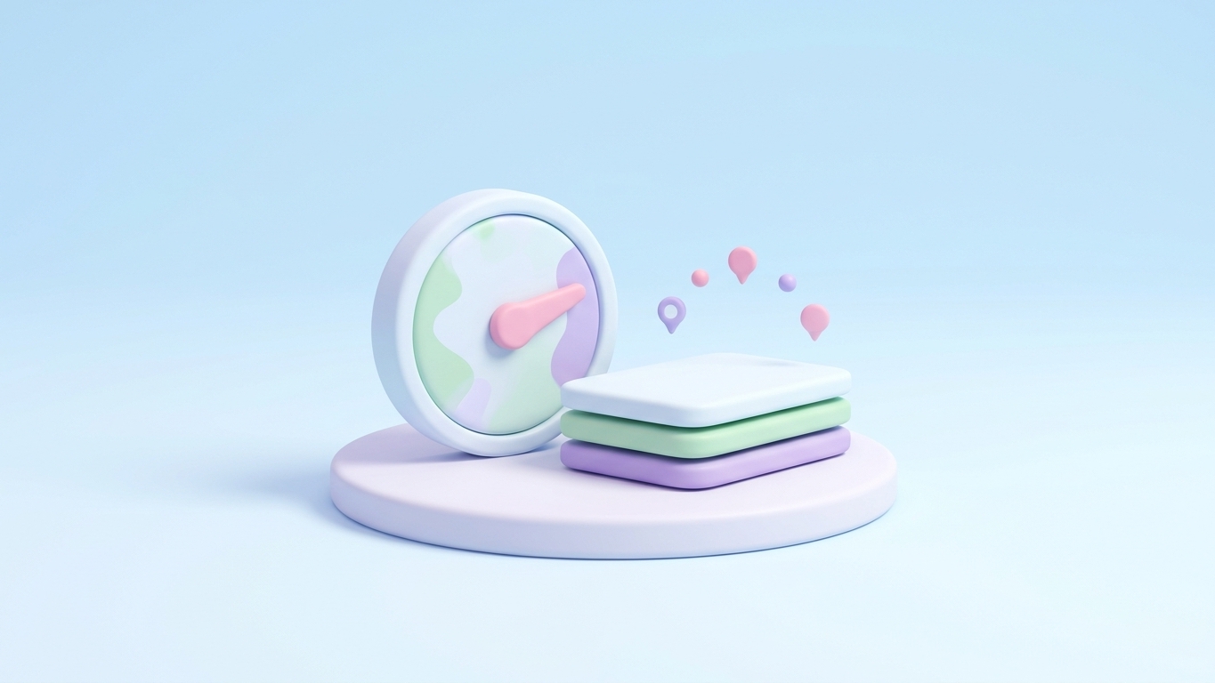 Minimal 3D illustration of a pastel platform scene depicting an SEO health audit of thin descriptions and missing meta.