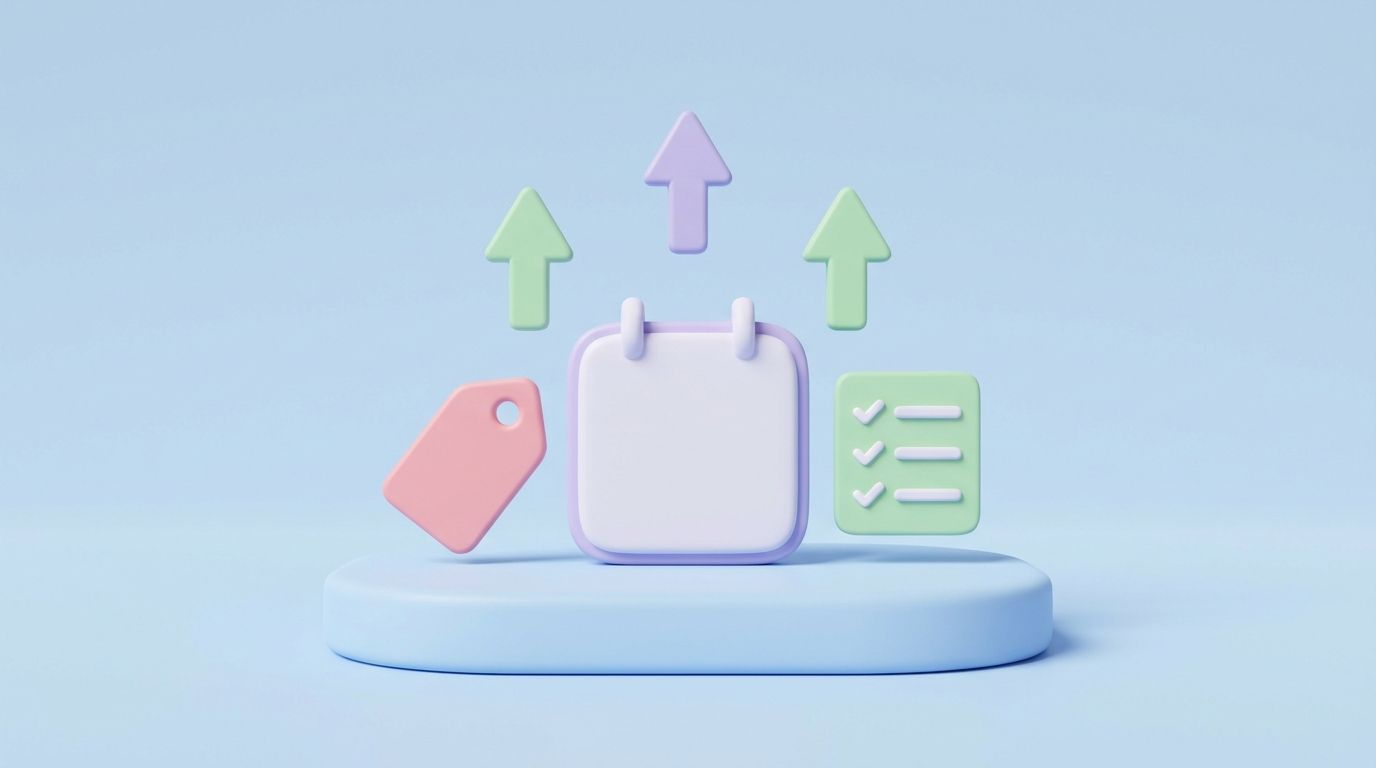 Minimal 3D illustration of a pastel calendar block on a platform, illustrating a Black Friday Shopify SEO checklist.