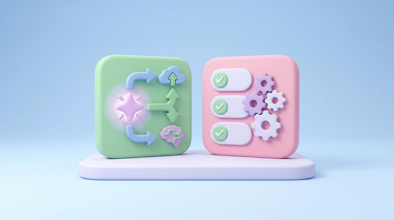 Minimal 3D illustration of two app panels side by side, comparing Seokai versus SEO Manager Shopify apps.