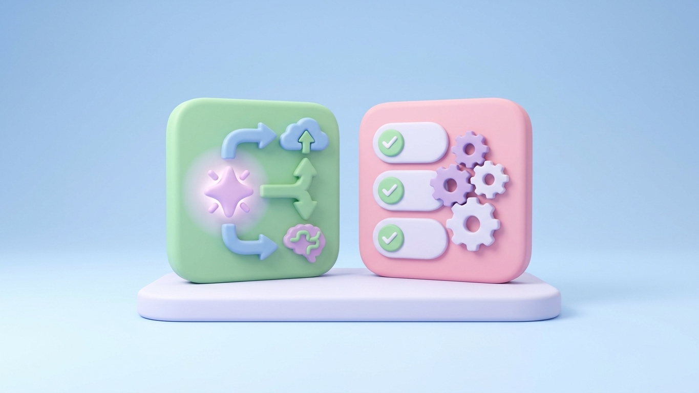 Minimal 3D illustration of two app panels side by side, comparing Seokai versus SEO Manager Shopify apps.