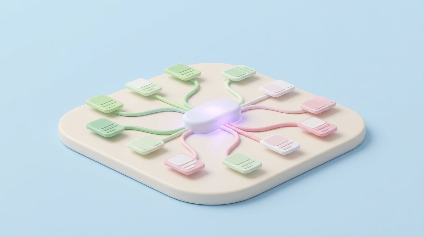 Minimal 3D illustration of a central AI assistant node on a pastel platform, representing generative engine optimization.