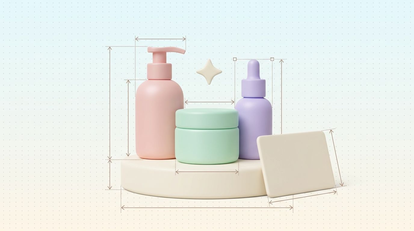 Three pastel cosmetic bottles and a jar on a pedestal with an ingredient card