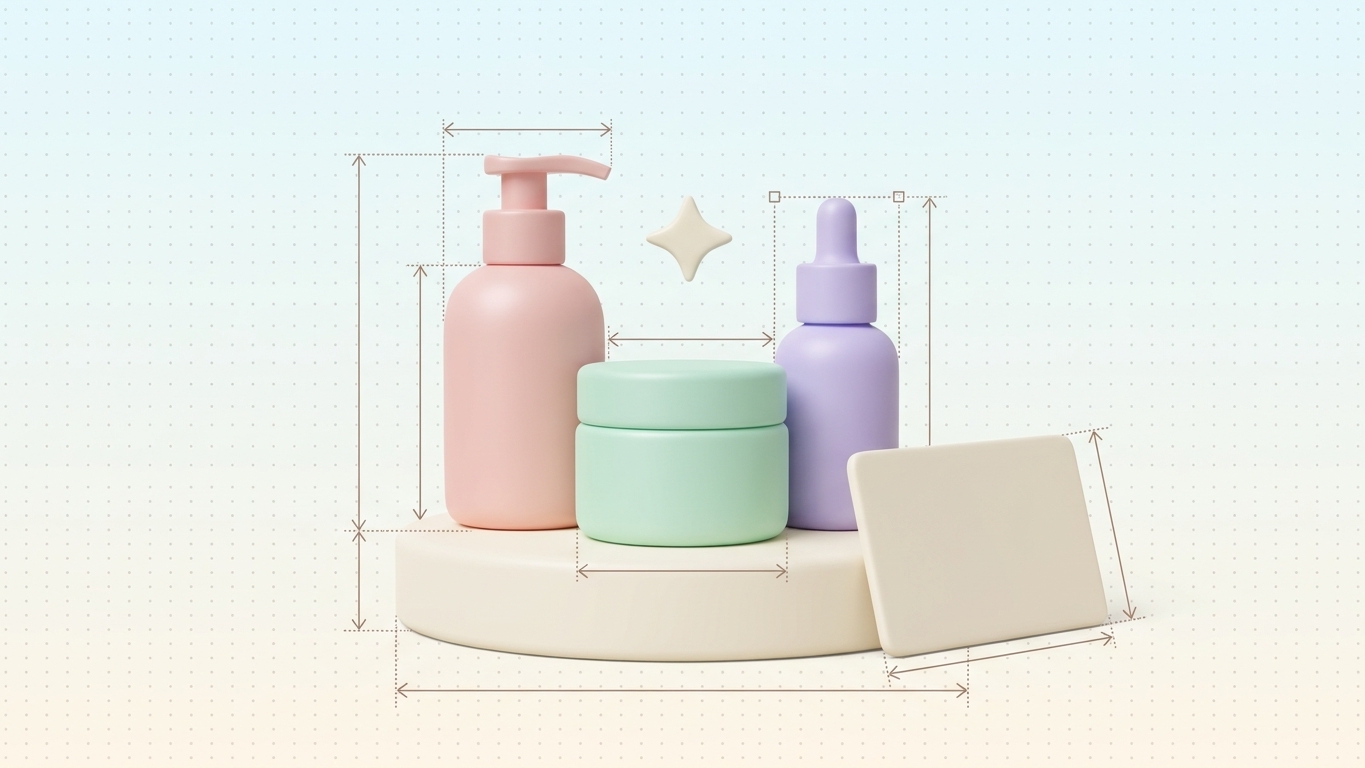 Blurred blog main image. Three pastel cosmetic bottles and a jar on a pedestal with an ingredient card