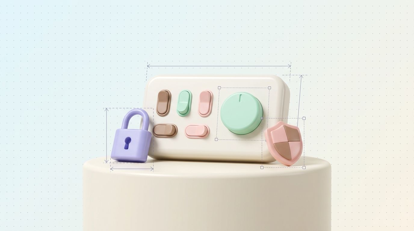 Cream control panel with toggles and a dial, beside a padlock and shield