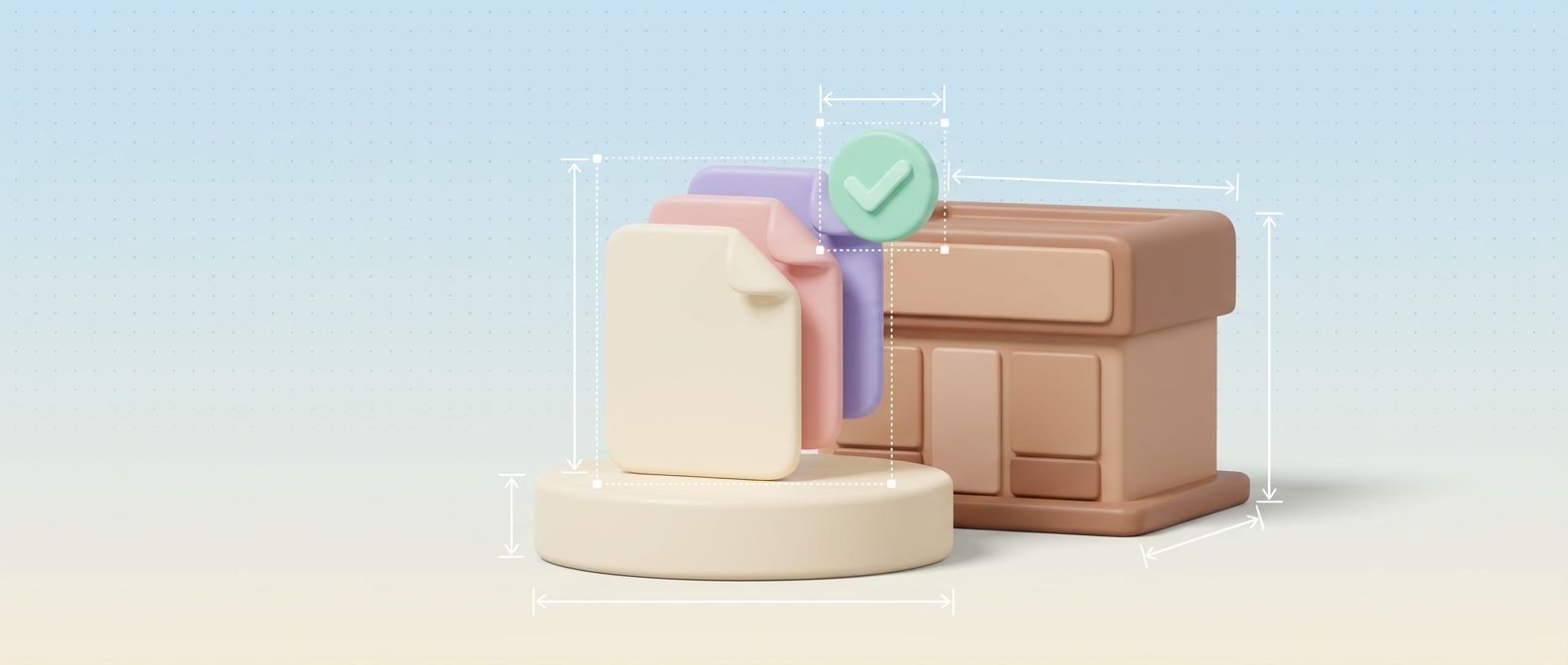 Stack of pastel 3D files beside a small storefront with a checkmark