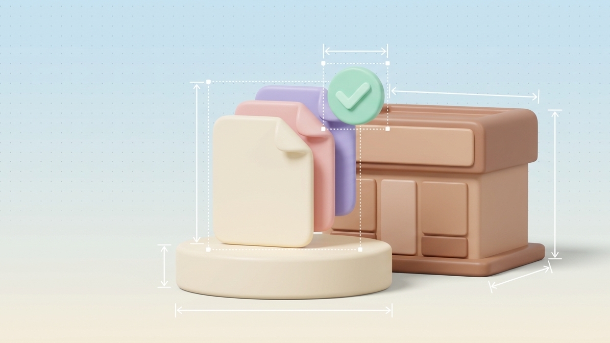 Stack of pastel 3D files beside a small storefront with a checkmark
