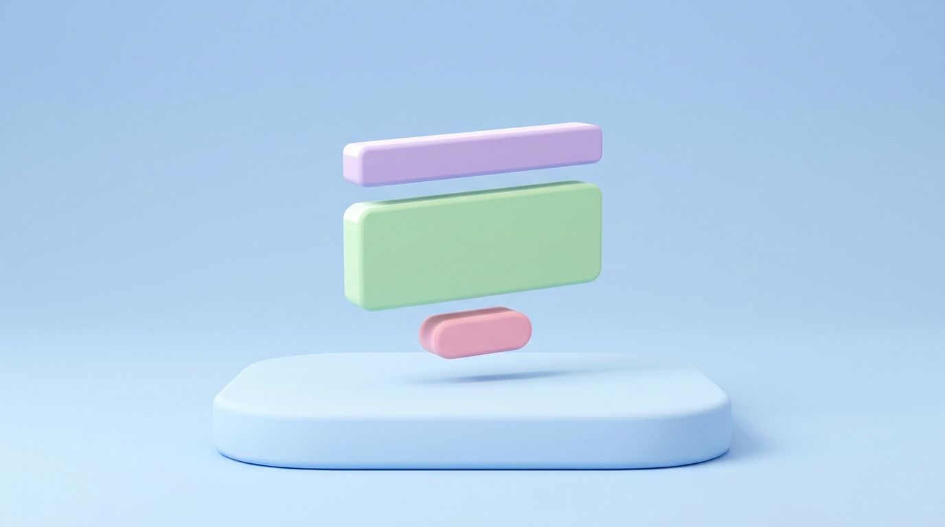 Minimal 3D illustration of a product page card exploded into modular sections on a pastel platform, for product page SEO.