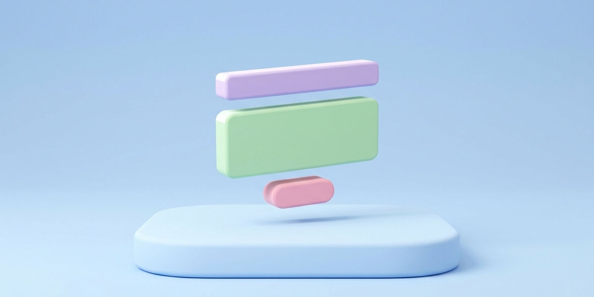 Minimal 3D illustration of a product page card exploded into modular sections on a pastel platform, for product page SEO.