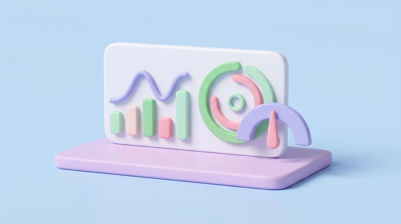 Minimal 3D illustration of an abstract dashboard panel on a pastel platform, representing reading SEO metrics statistics.