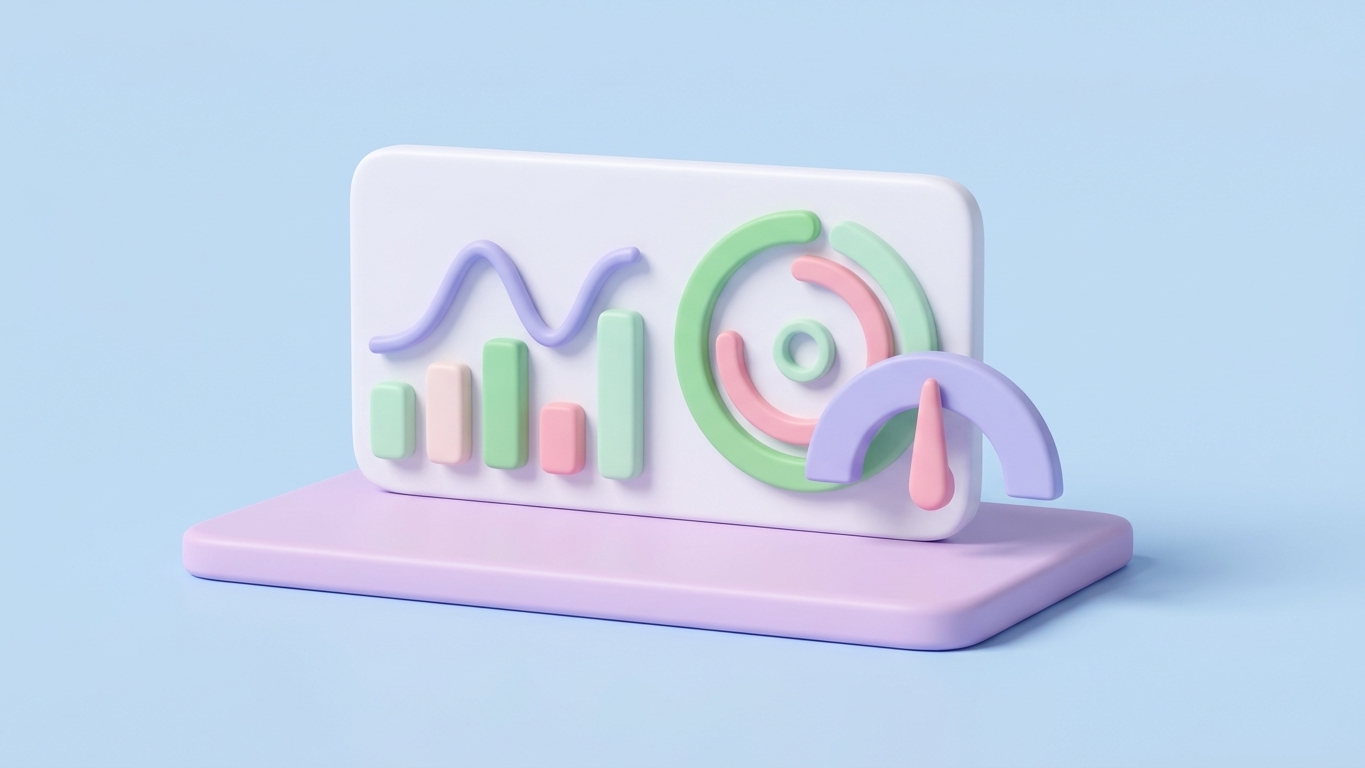 Minimal 3D illustration of an abstract dashboard panel on a pastel platform, representing reading SEO metrics statistics.