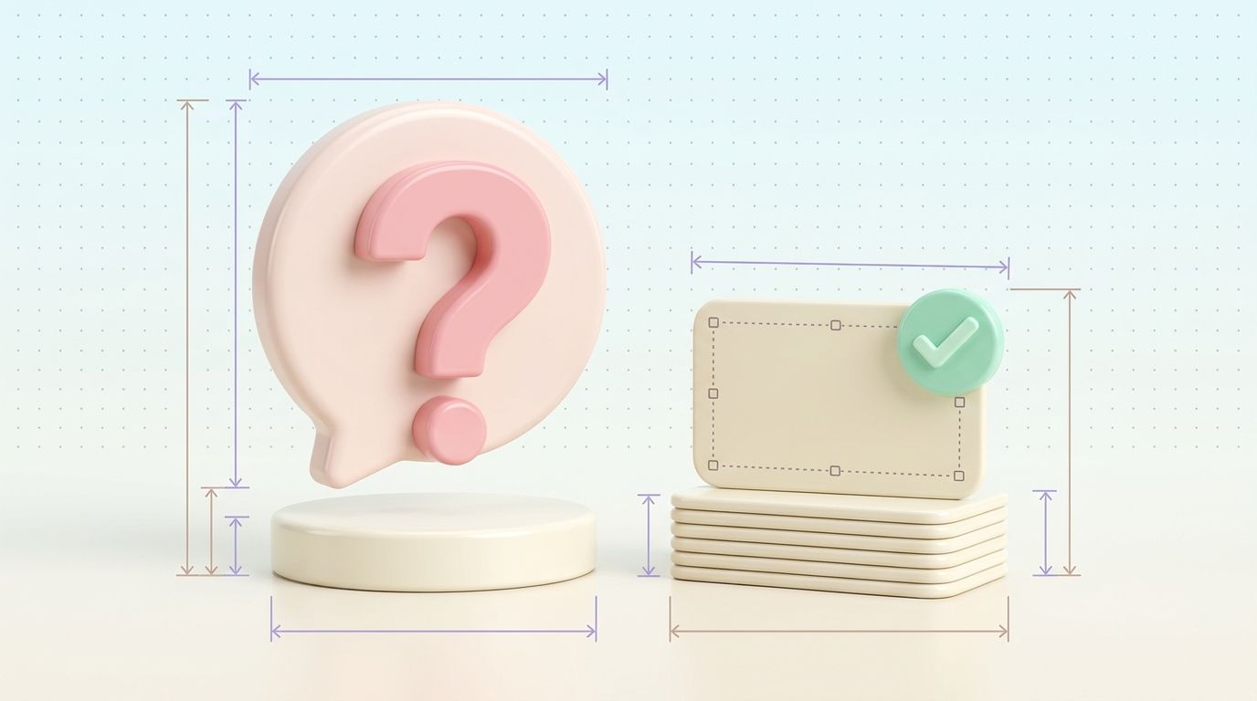 Question-mark speech bubble facing a stack of answer cards with a checkmark
