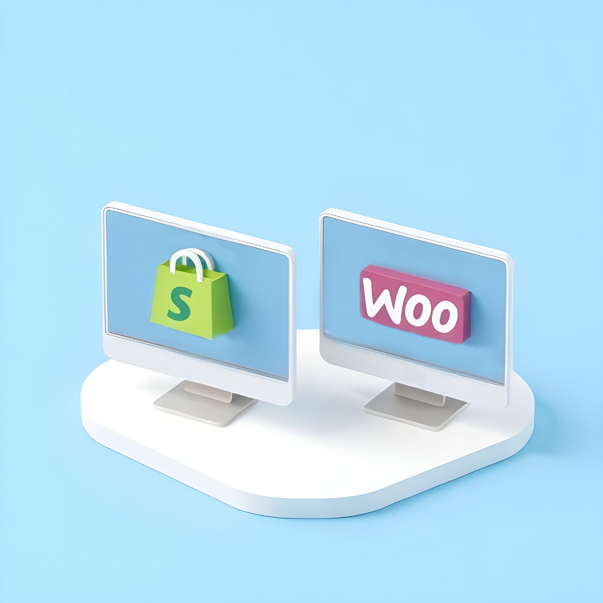 Two stylized desktop monitors on a white platform against a light blue background, one displaying the Shopify shopping bag logo and the other showing the WooCommerce “Woo” logo.