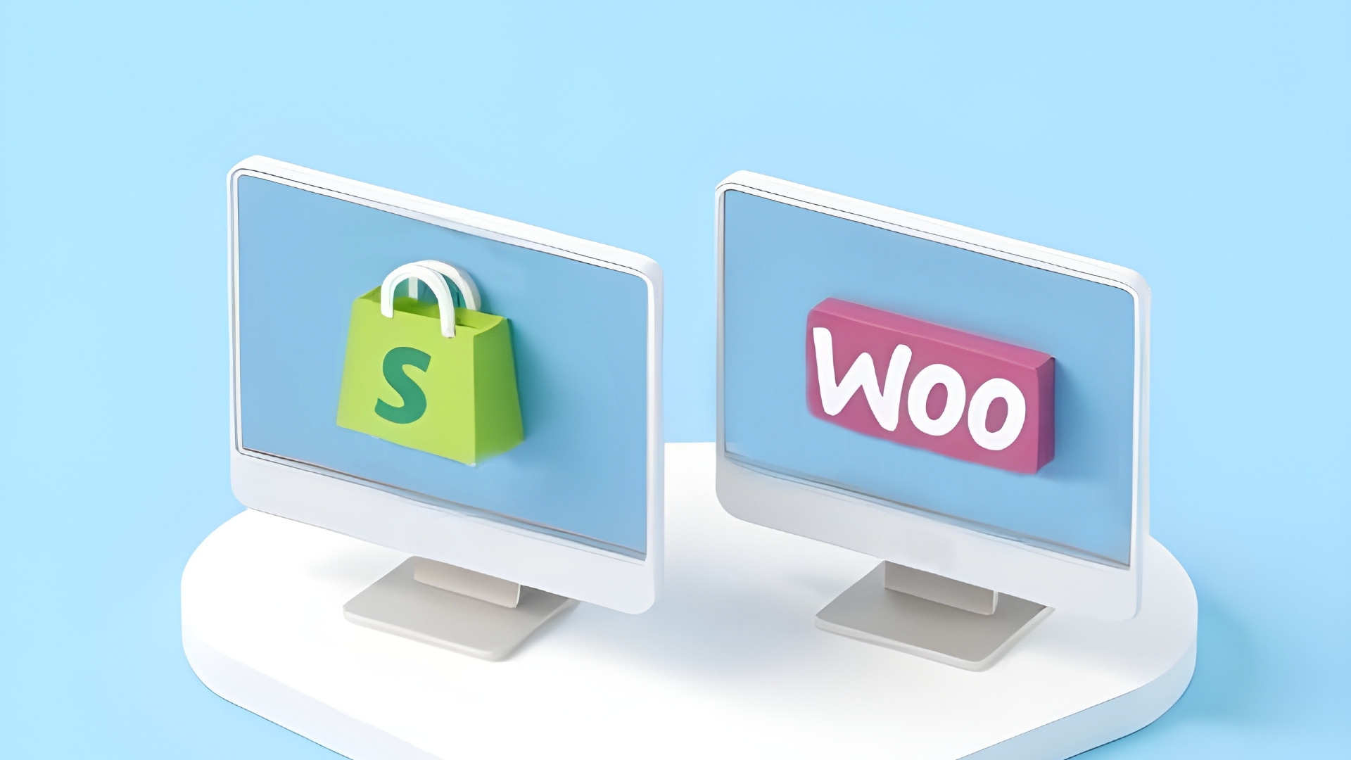 Two stylized desktop monitors on a white platform against a light blue background, one displaying the Shopify shopping bag logo and the other showing the WooCommerce “Woo” logo.