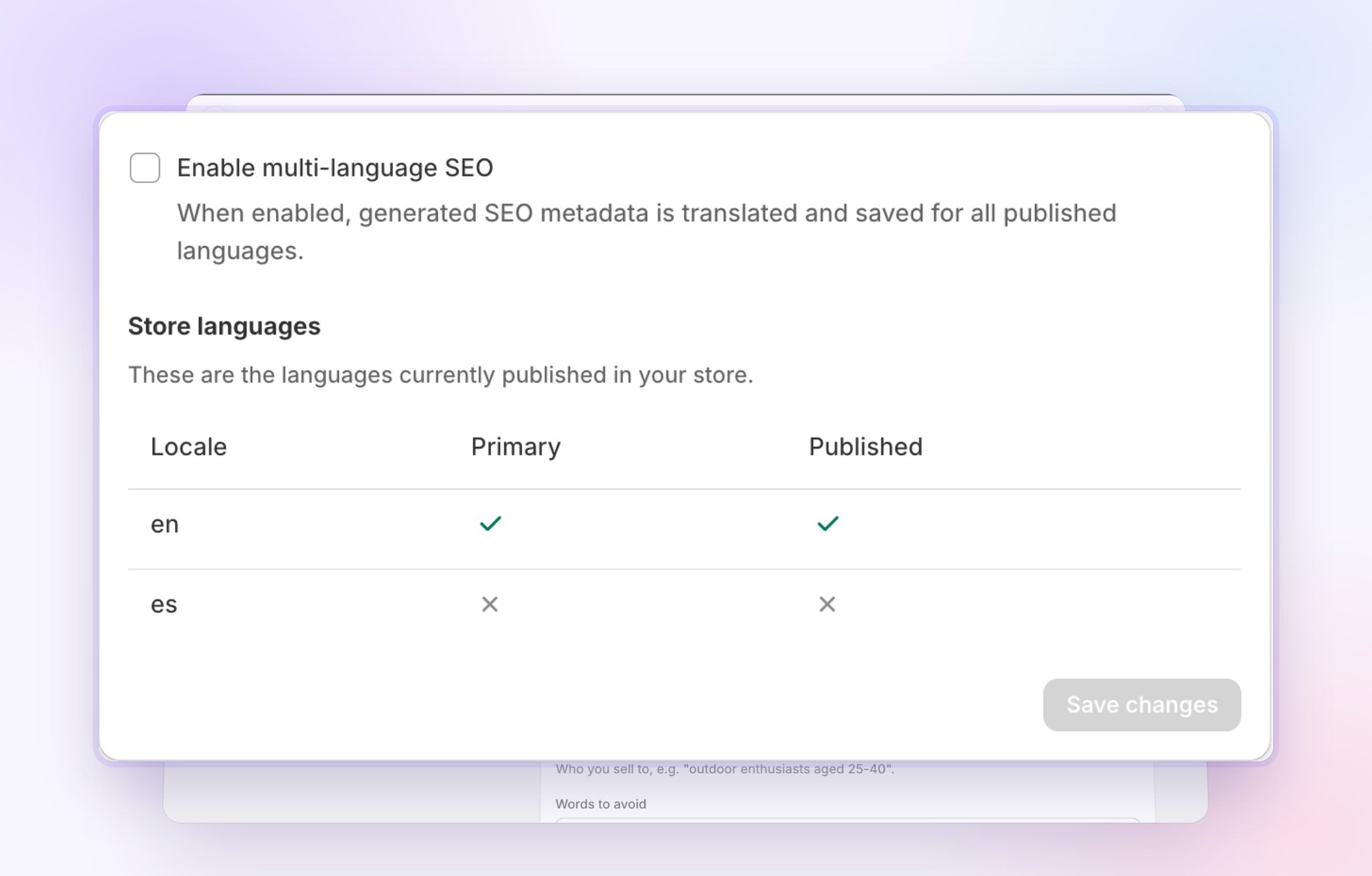 Seokai SEO localization settings with the option to translate generated SEO metadata and a list of the store’s published languages.