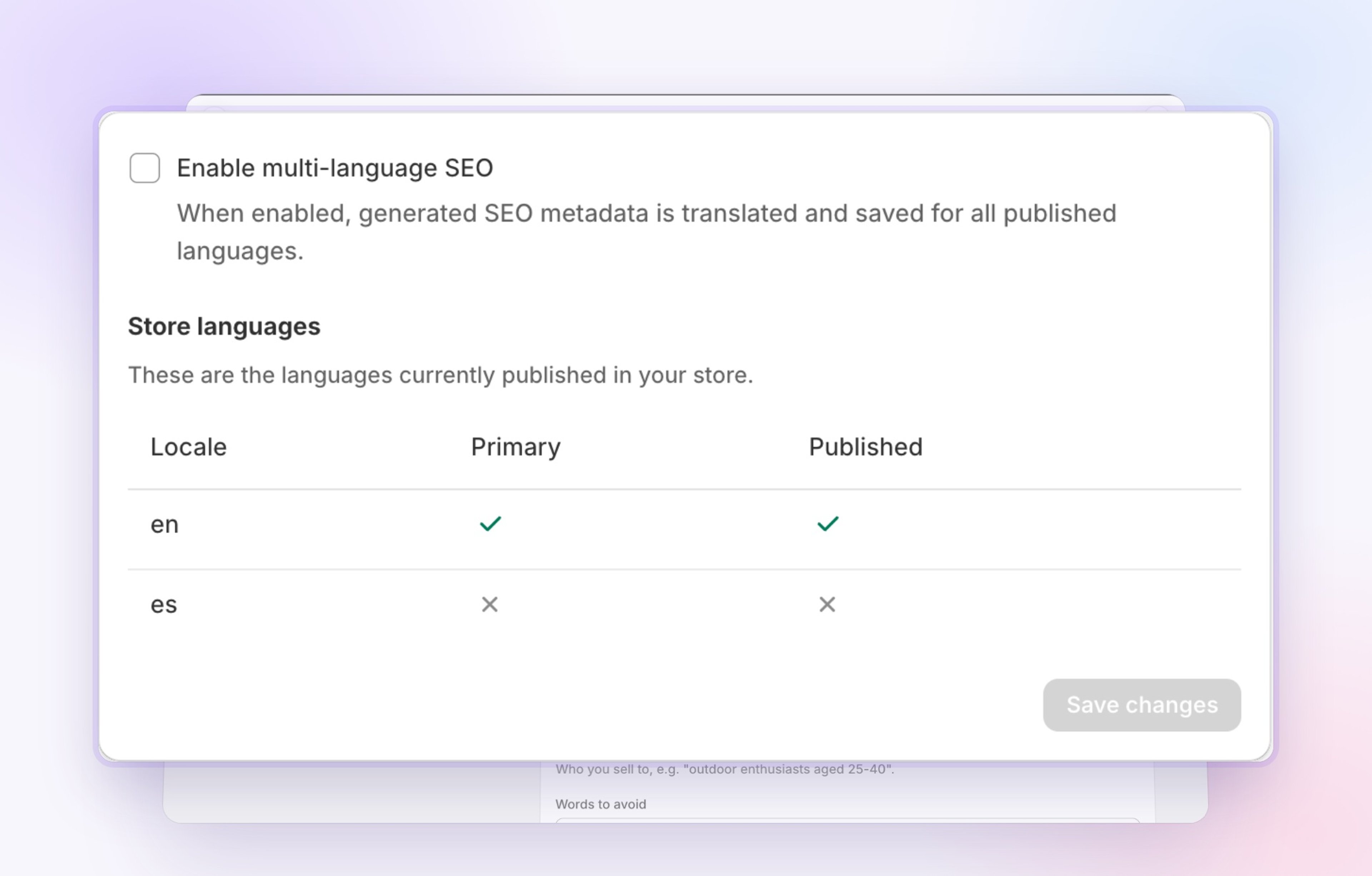 Seokai SEO localization settings with the option to translate generated SEO metadata and a list of the store’s published languages.