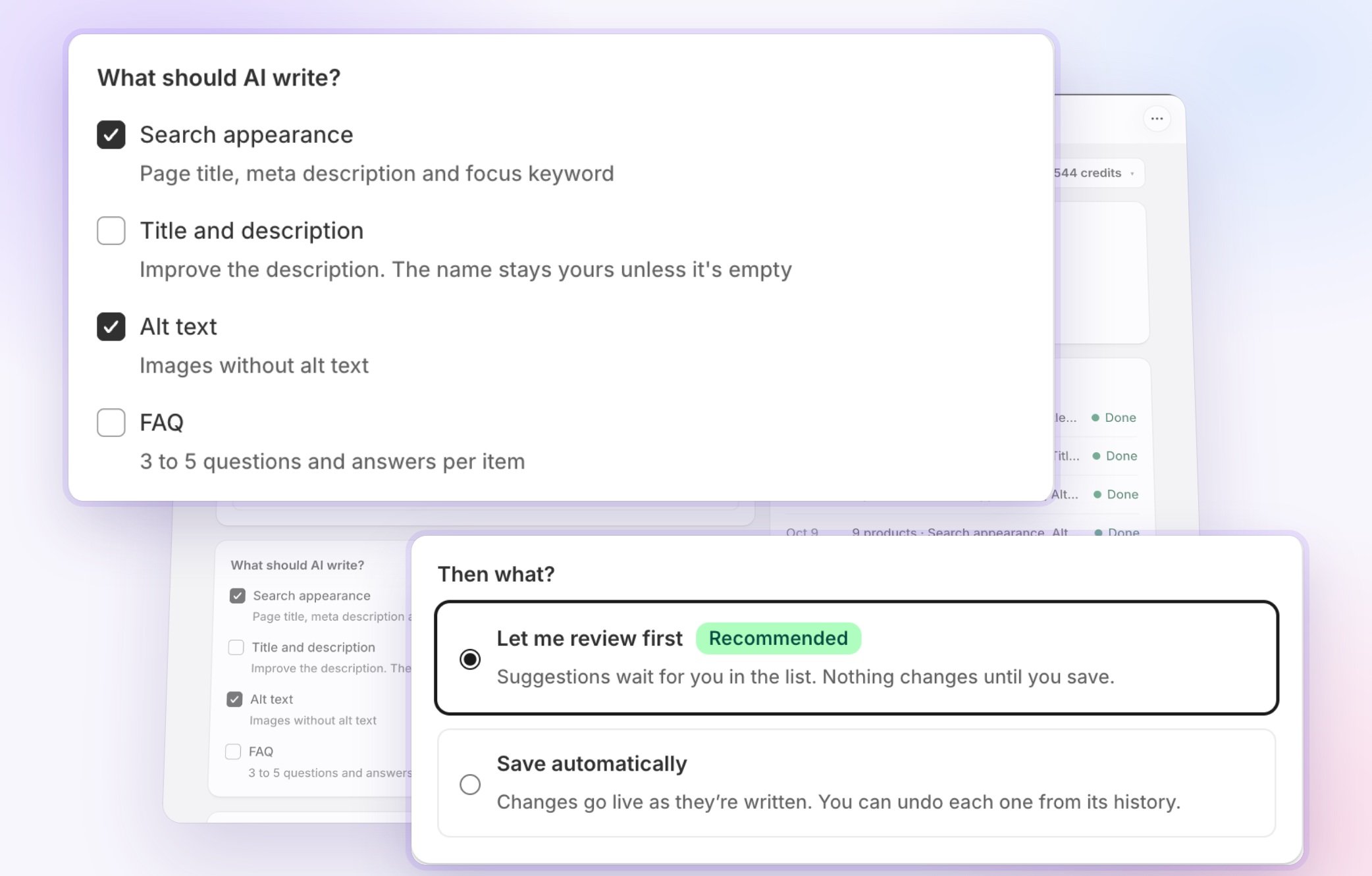Seokai bulk update form for choosing what AI writes, such as search appearance and alt text, and whether to review changes before saving.