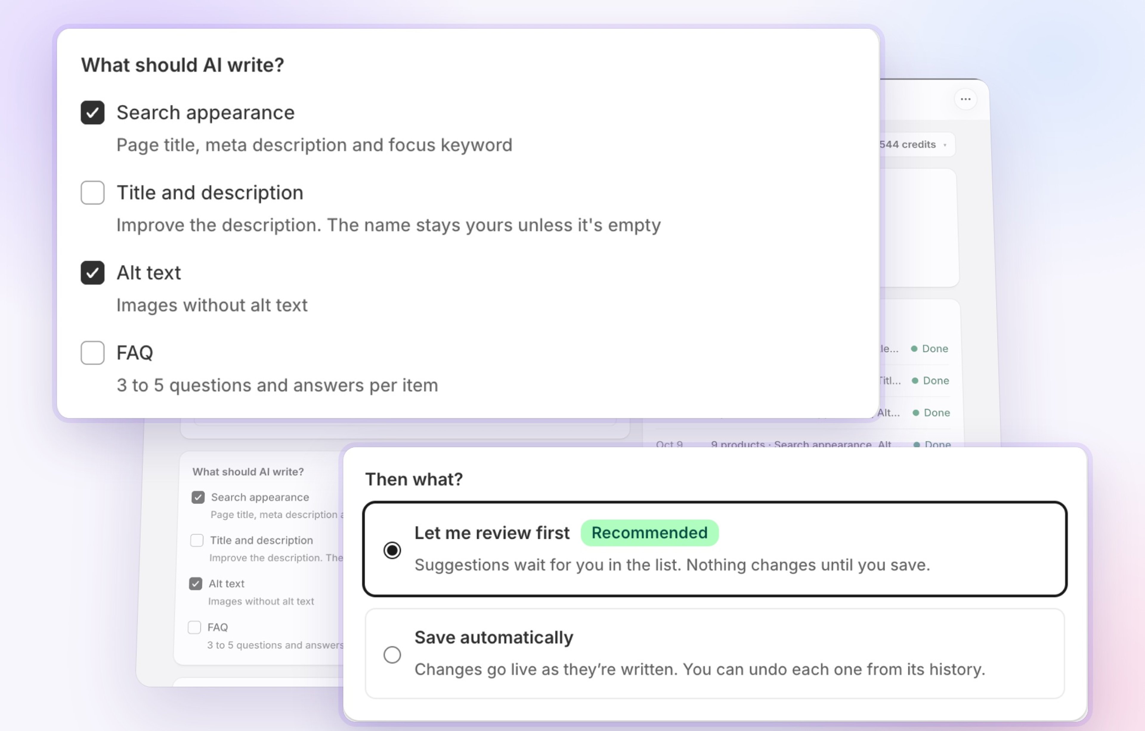 Seokai bulk update form for choosing what AI writes, such as search appearance and alt text, and whether to review changes before saving.