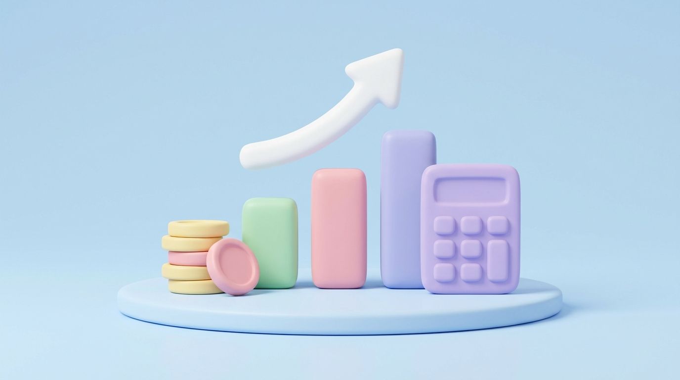 Minimal 3D illustration of a rising pastel bar chart on a platform, depicting how to measure the ROI of SEO.
