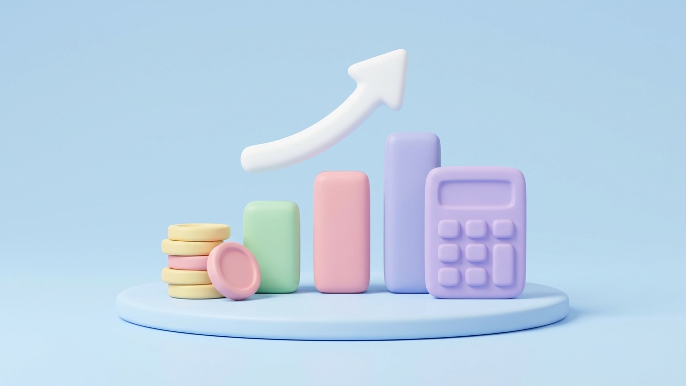 Minimal 3D illustration of a rising pastel bar chart on a platform, depicting how to measure the ROI of SEO.