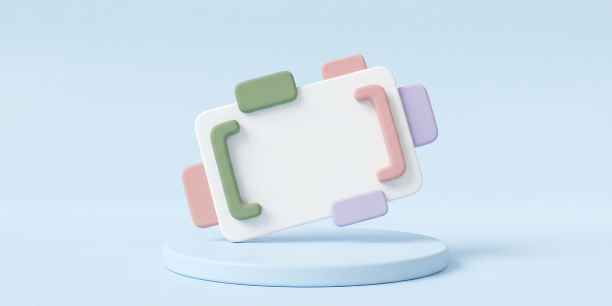 Minimal 3D illustration of pastel schema markup tags snapping onto a page card, showing structured data for e-commerce.