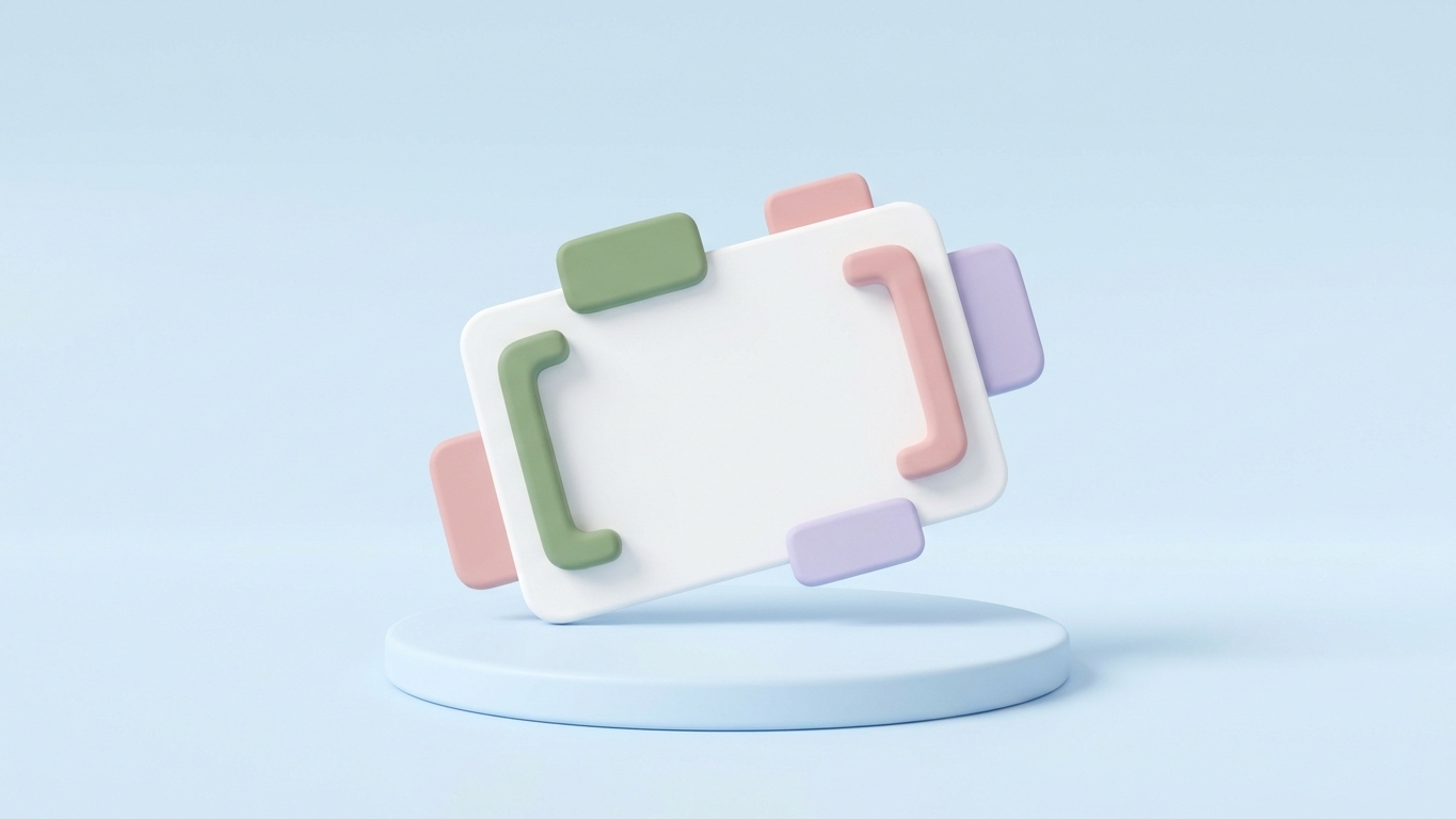 Blurred article main image. Minimal 3D illustration of pastel schema markup tags snapping onto a page card, showing structured data for e-commerce.