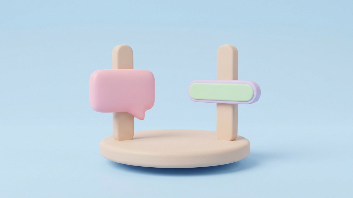 Minimal 3D illustration of two pastel pillars side by side on a platform, contrasting AEO and SEO approaches.
